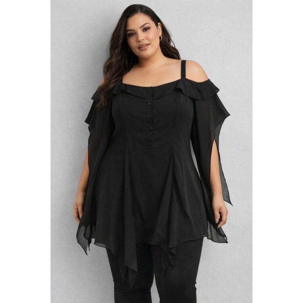 Black Cold Shoulder Handkerchief Hem Chiffon Flowy Tunic Top Women 5XL Sheer‎